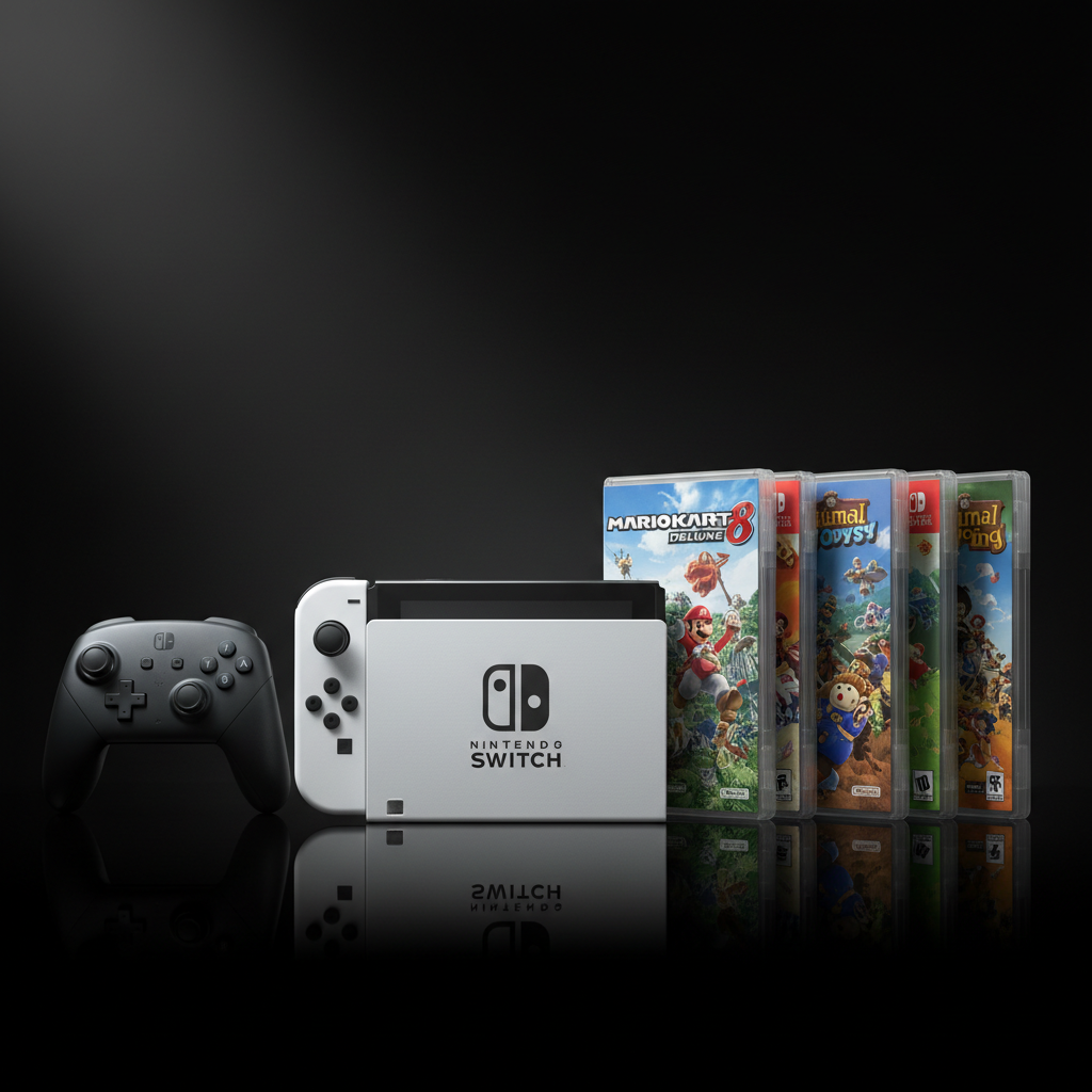 Nintendo Switch OLED Bundle – Frontansicht mit Pro Controller und 5 Spielen