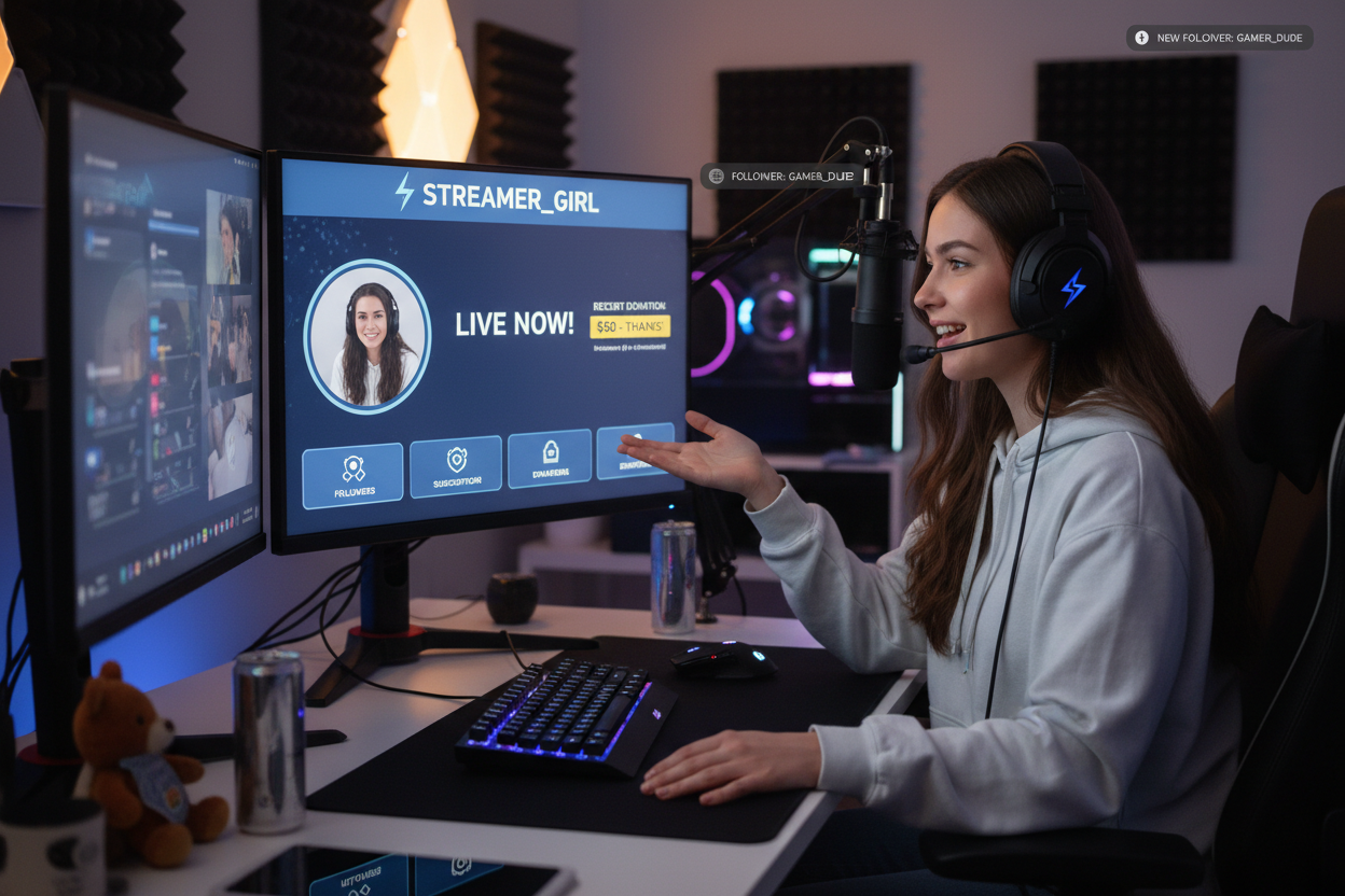 Streamer mit professionellem Overlay am Gaming Setup