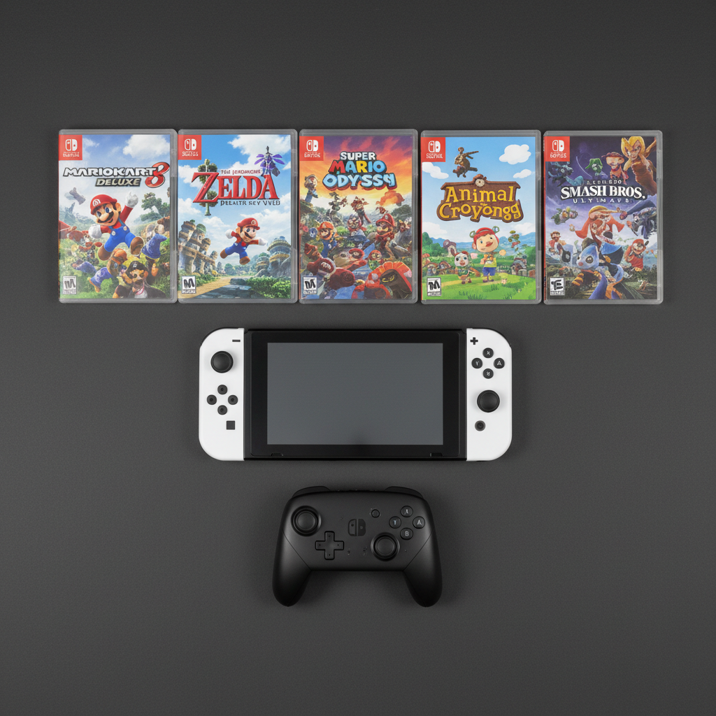 Nintendo Switch OLED Bundle – Flat Lay mit Pro Controller und 5 Spielen