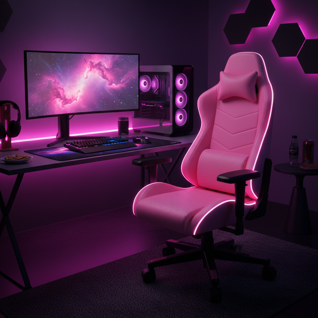 Pinker Gaming Stuhl mit LED-Beleuchtung im Gaming-Setup