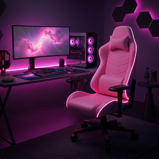 Pinker Gaming Stuhl mit LED-Beleuchtung im Gaming-Setup