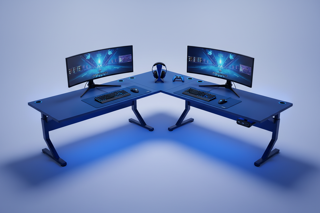 Gaming Eckschreibtisch Blau XL mit LED Frontansicht