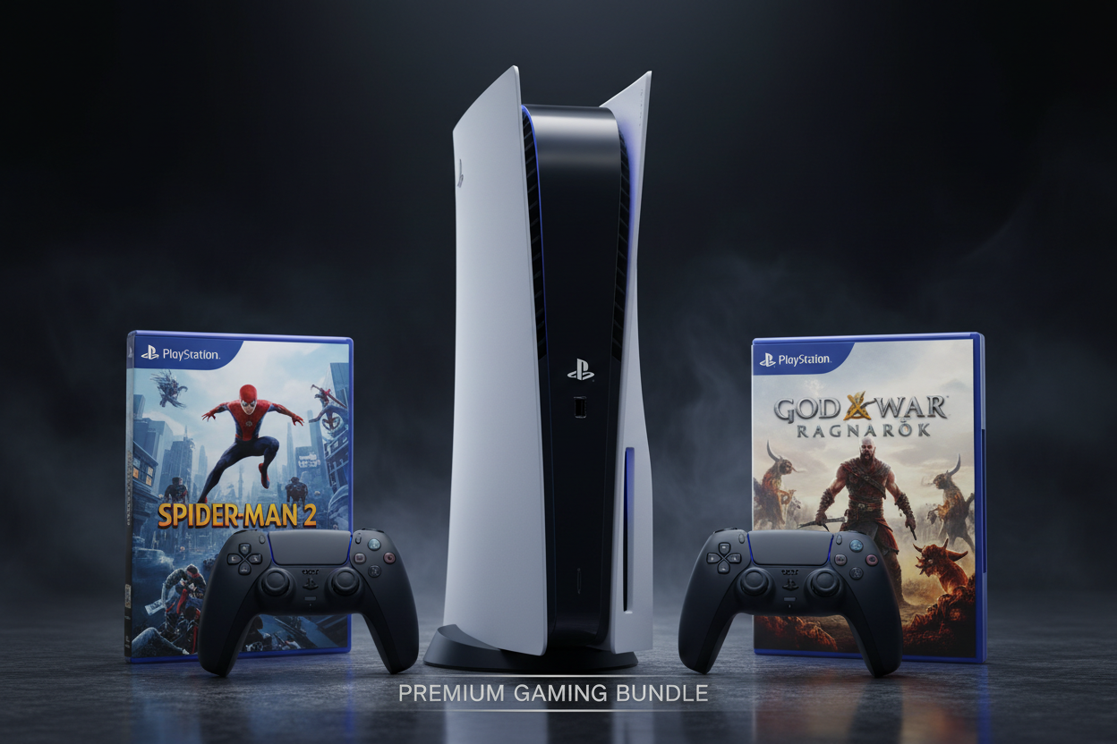 PS5 Bundle mit 2 DualSense Controllern, Spider-Man 2 und God of War Ragnarök