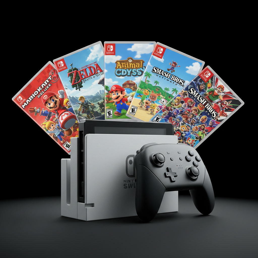 Nintendo Switch OLED Bundle – Seitenansicht mit Pro Controller und 5 Spielen
