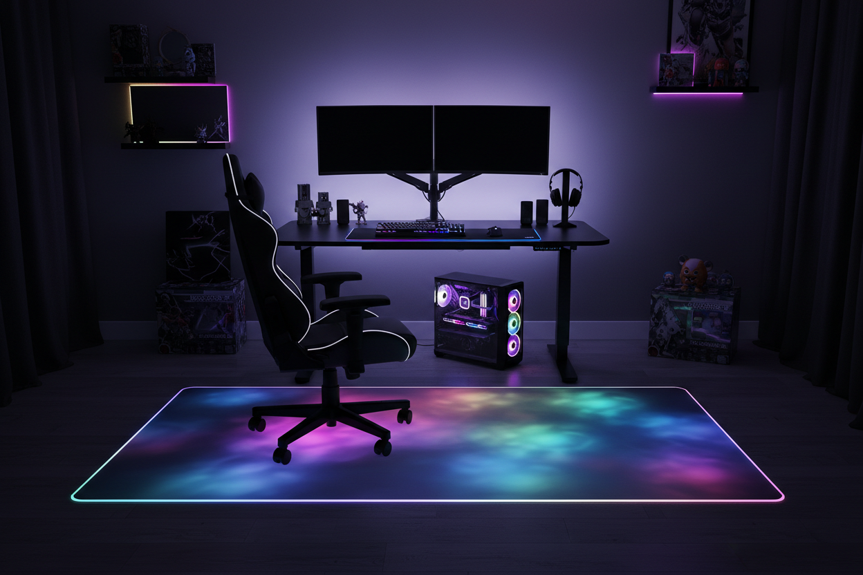 Großer Gaming-Teppich LED im kompletten Setup