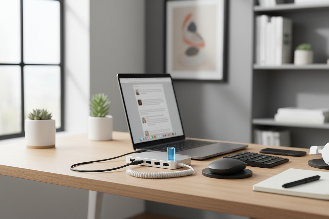 USB-Hub am Laptop angeschlossen mit mehreren Geräten