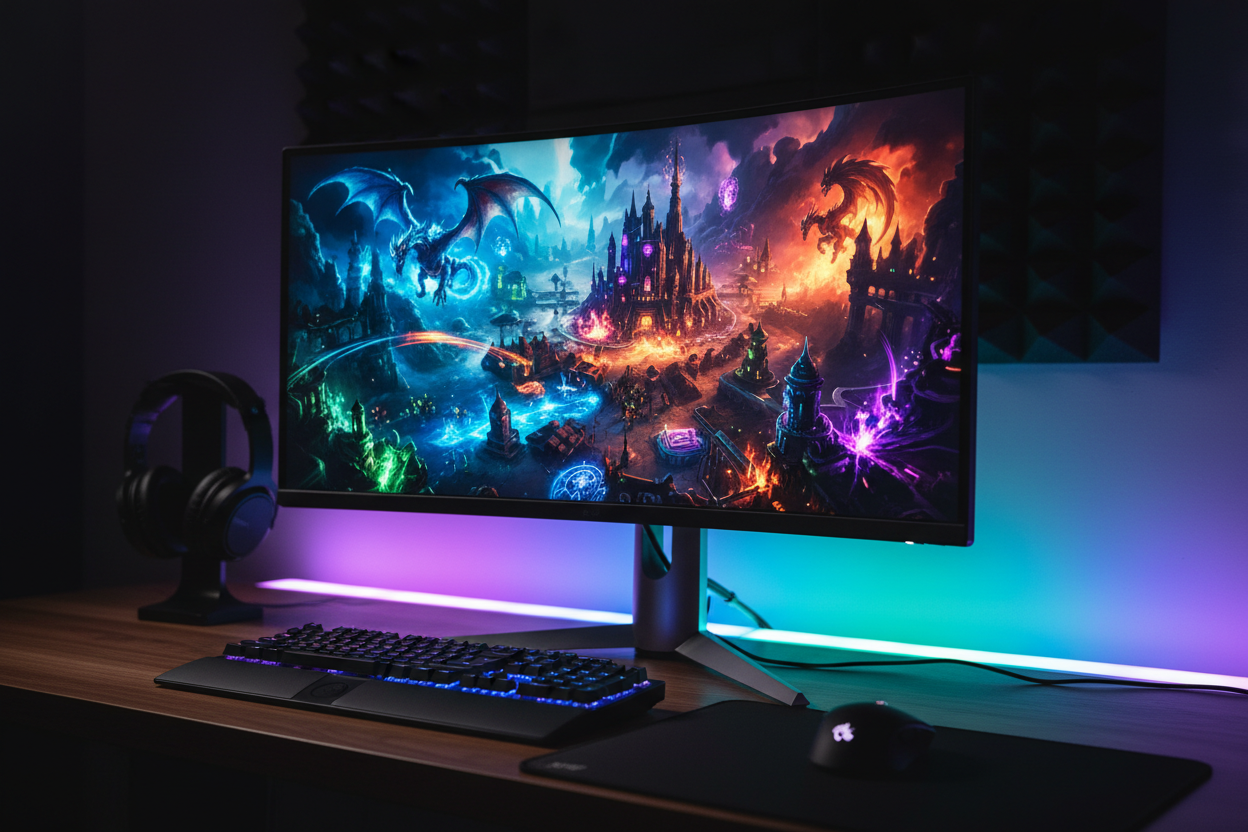 Gaming Monitor 27 Zoll Curved mit RGB-Beleuchtung auf einem Gaming-Schreibtisch